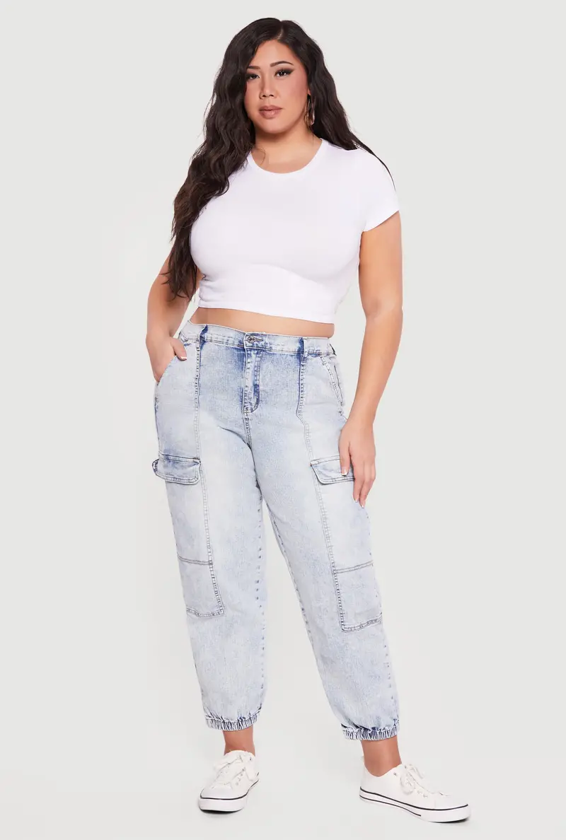 Plus Size High-Waisted Denim Joggers With Cargo Pockets 1