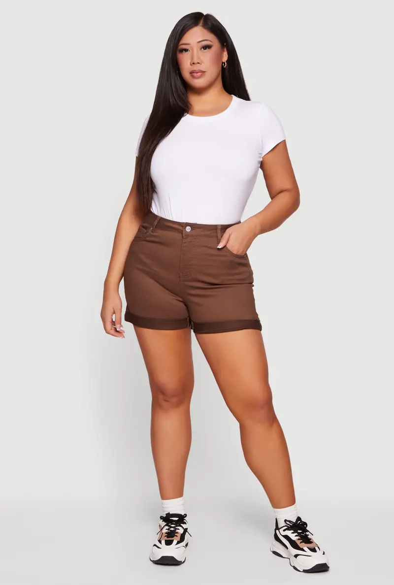 Plus Size High-Waisted Denim Shorts With Fixed Cuffed Hems 1
