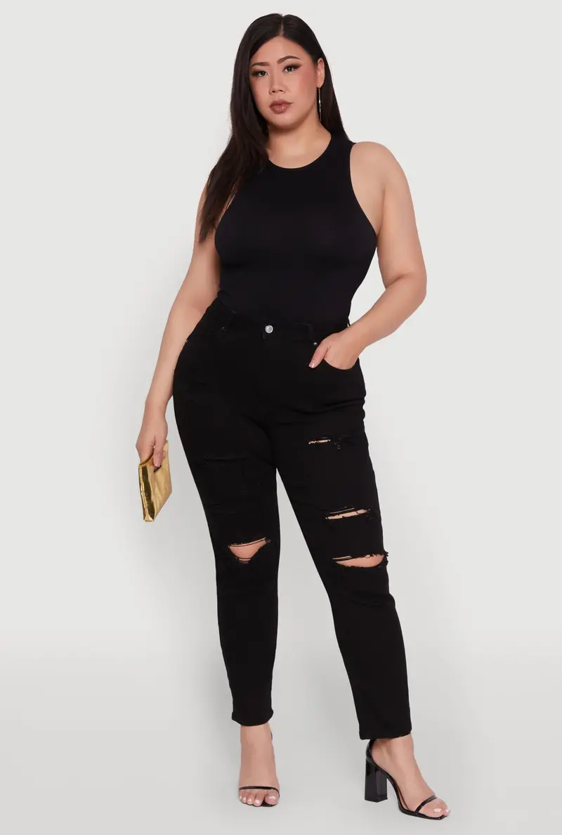 Plus Size High-Waisted Distressed & Raw-Hem Jeans 1
