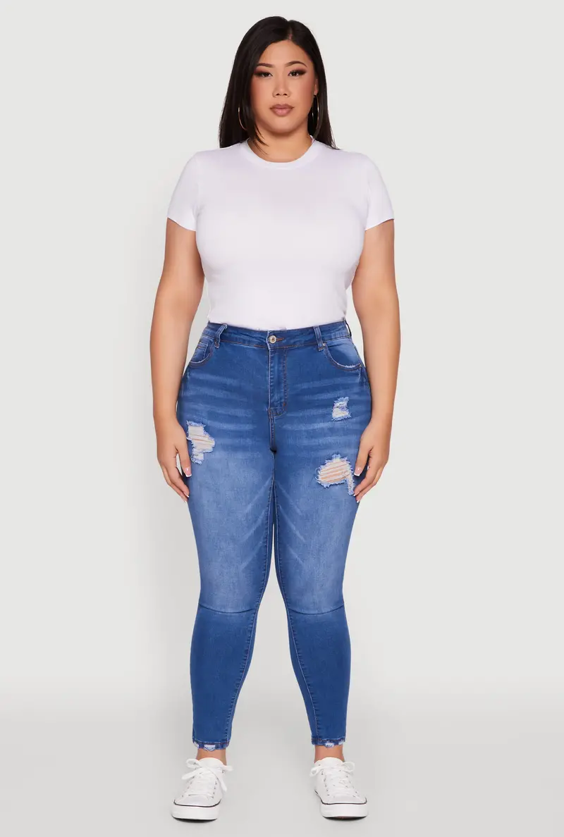 Plus Size High-Waisted Distressed Skinny Jeans 1
