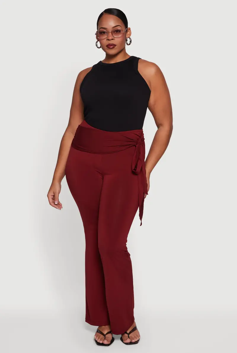 Plus Size High-Waisted Flare Dress Pants With Side-Tie Detail 1