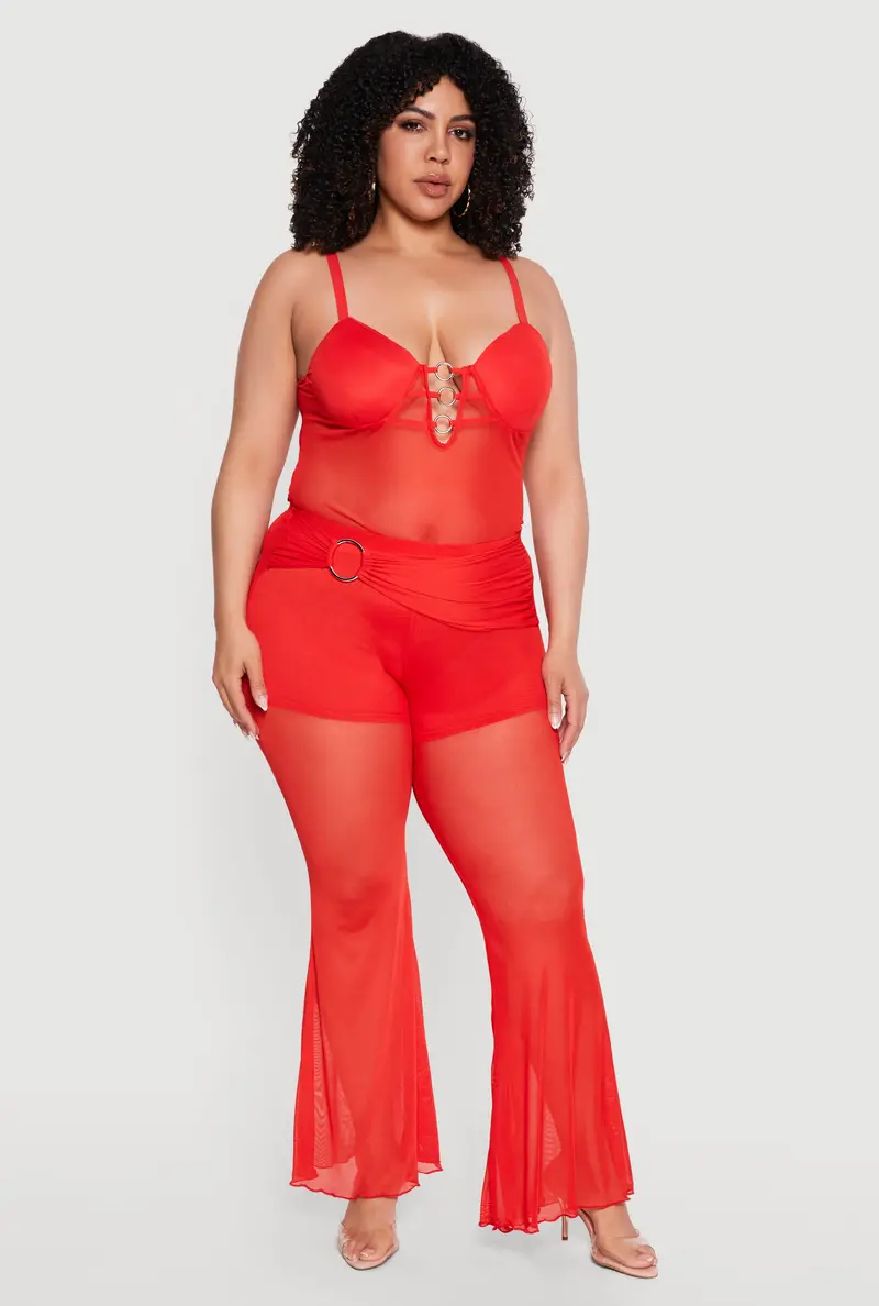 Plus Size High-Waisted Flared Pants With O-Ring Cinch And Mesh Insert 1