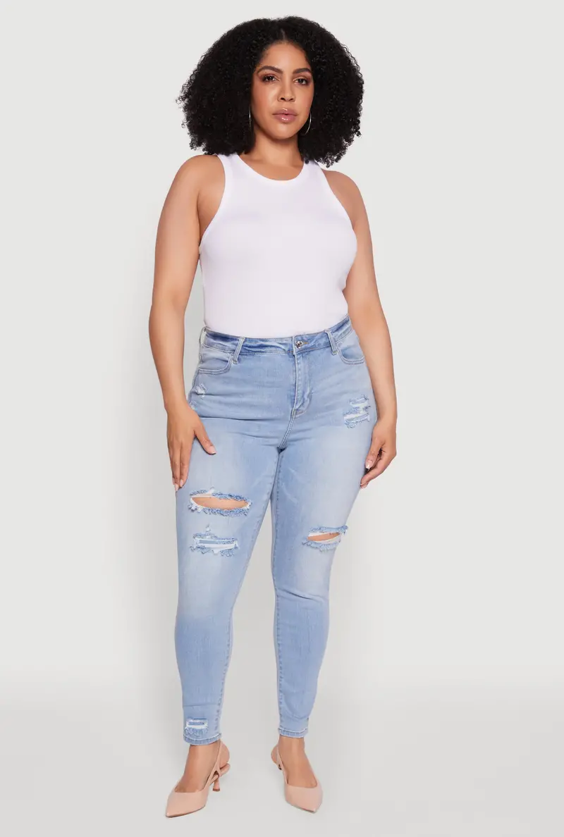 Plus Size High-Waisted Skinny Jeans With Distressed Detailing 1