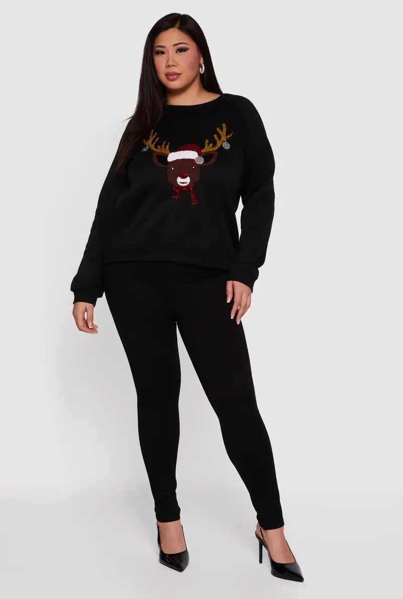 Plus Size Holiday Sweatshirt With Sequin Reindeer Chenille Patch 1