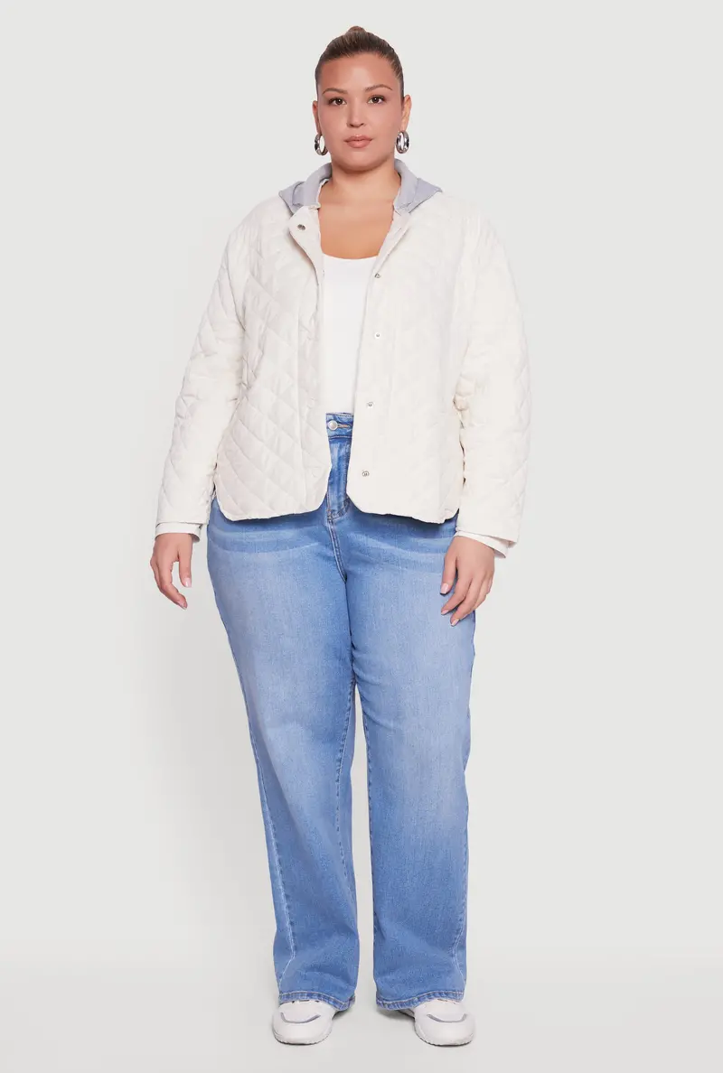 Plus Size Hooded Quilted Jacket With Snap Buttons 1