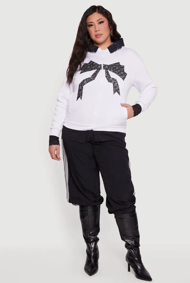 Plus Size Hooded Sweatshirt With Bow Graphic And Lace Trim 1