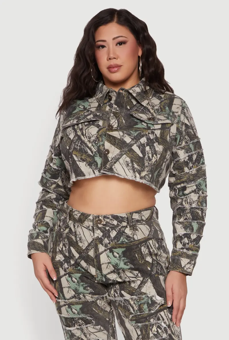 Plus Size Hunter Camo Denim Jacket – Patch & Repair Style 1