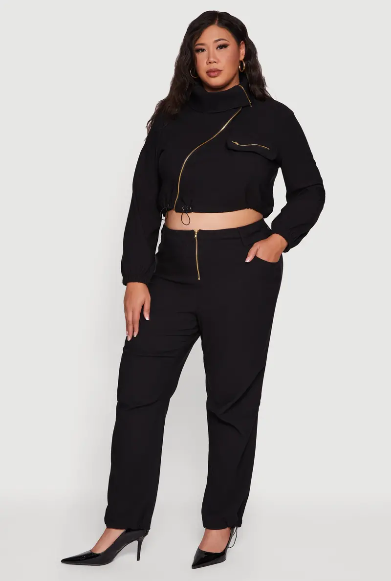 Plus Size Hyper-Stretch Pants With Exposed Zip And Drawstring Hem 1