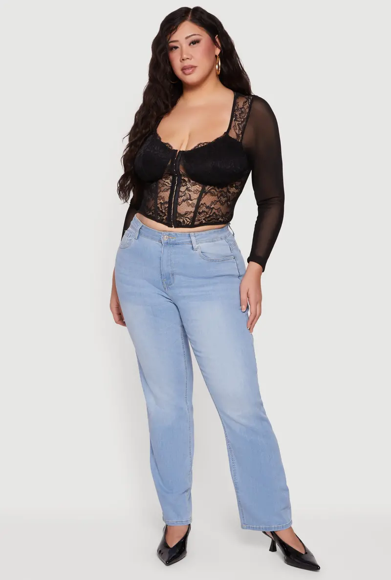 Plus Size Lace-Trimmed Long Sleeve Corset Crop Top 1