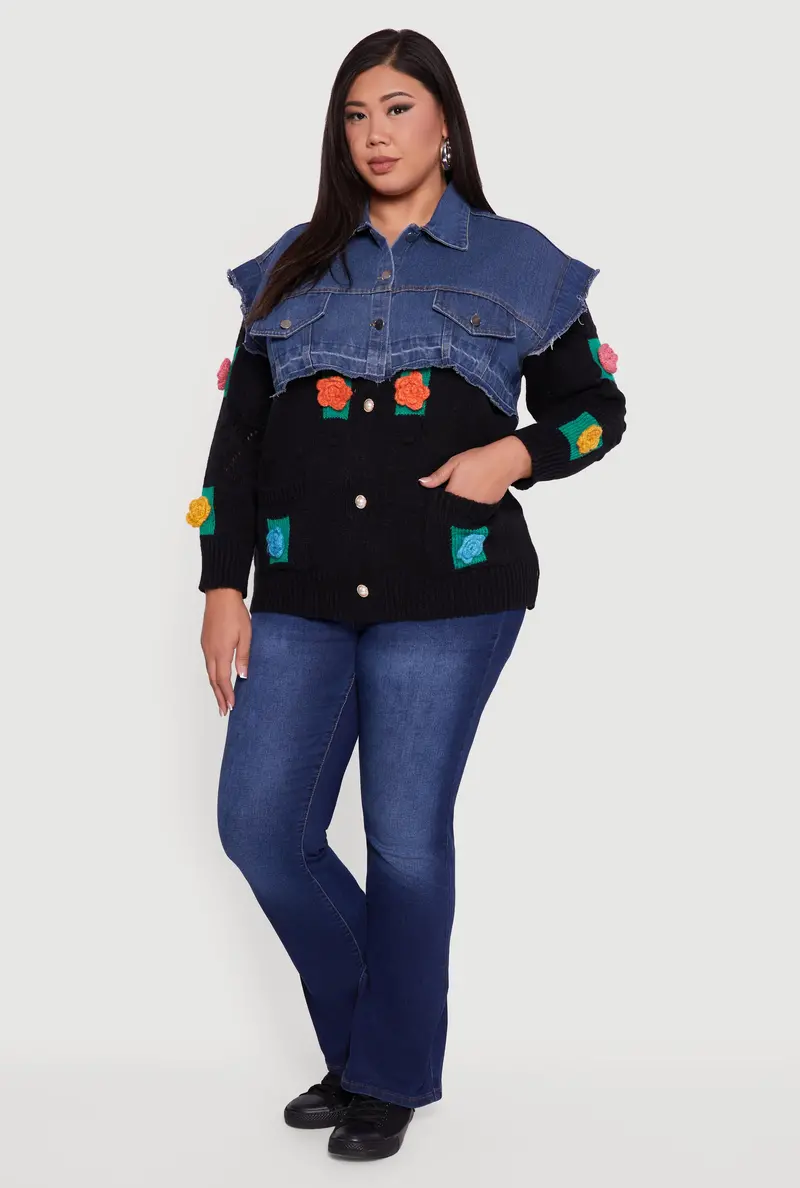Plus Size Layered Denim Jacket With Crochet Flower Accents 1
