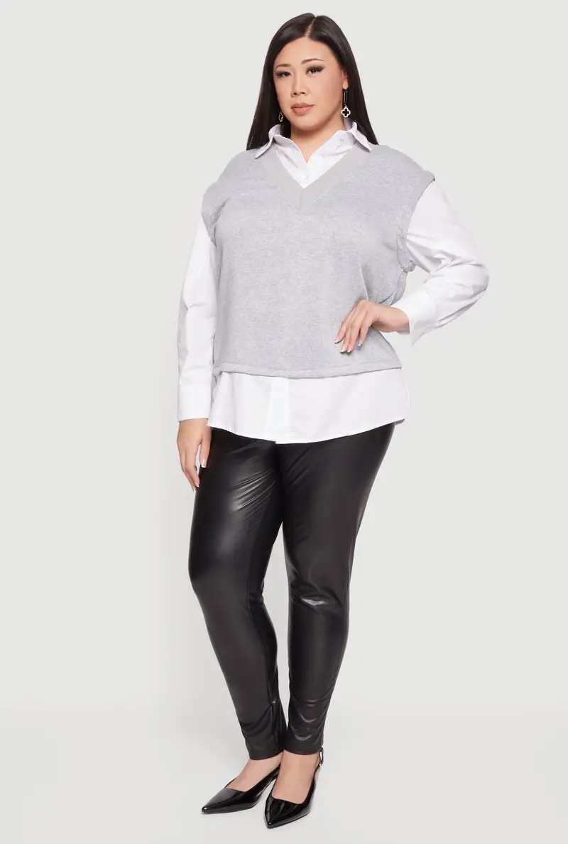 Plus Size Layered Vest With Shirt Collar Detail 1