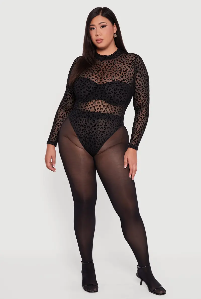 Plus Size Leopard-Print Velvet Burnout Mock-Neck Bodysuit 1