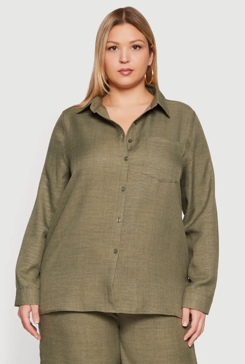 Plus-Size Long-Sleeve Button-Front Collared Shirt 1