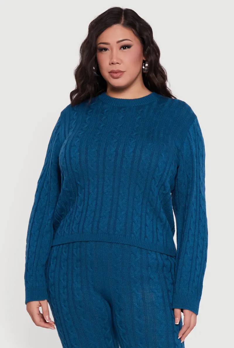 Plus Size Long-Sleeve Cable Knit Pullover Sweater 1