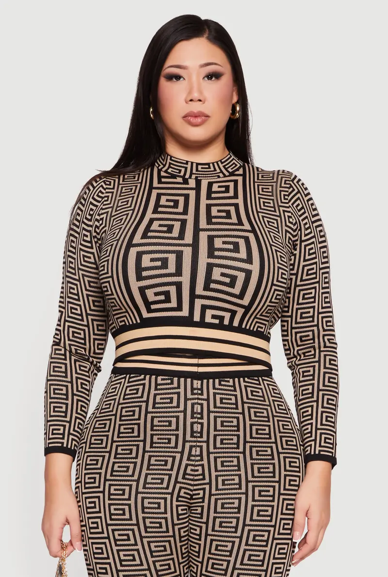 Plus Size Long-Sleeve Cropped Geometric Sweater 1