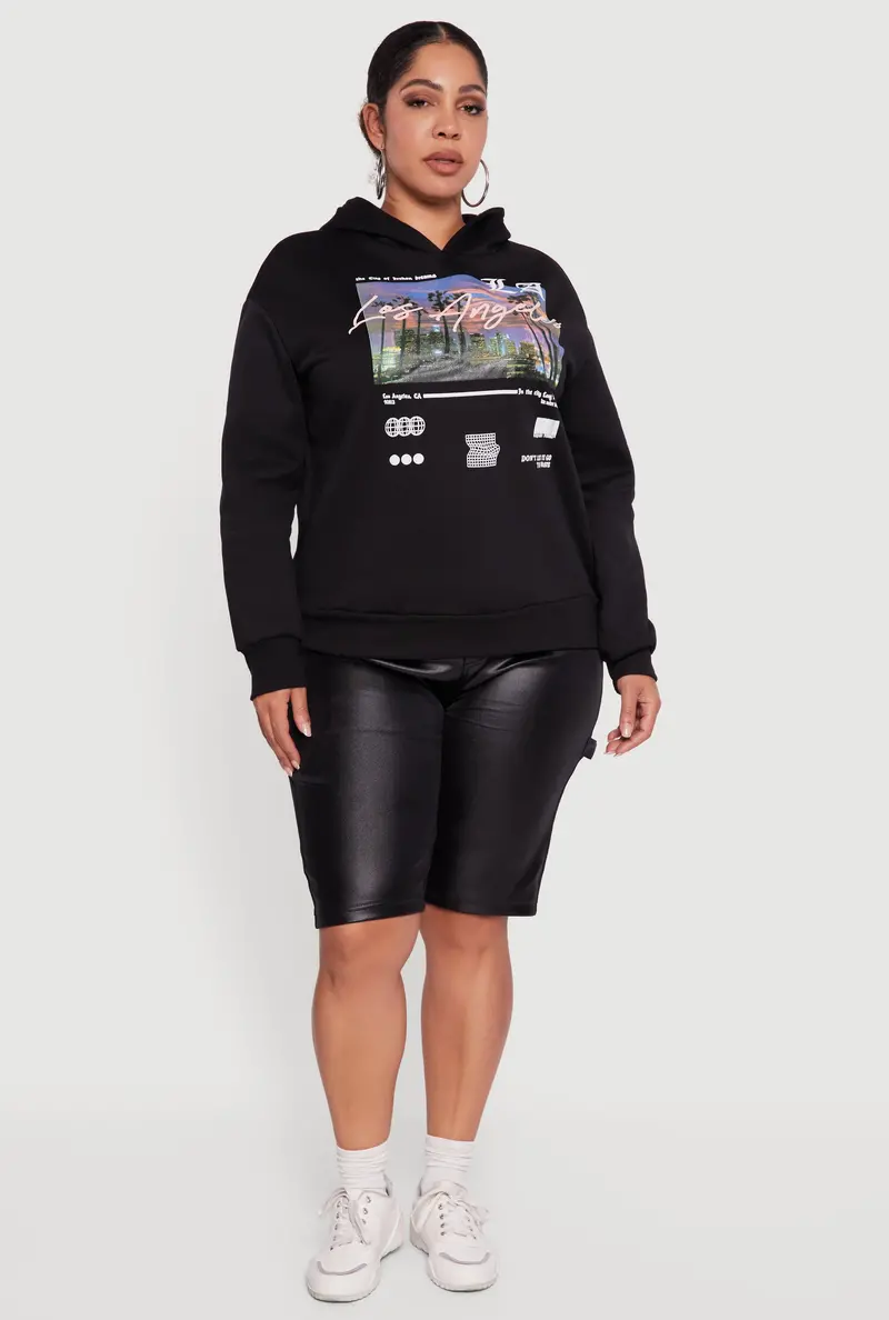 Plus Size Los Angeles–Themed Fleece-Lined Hooded Sweatshirt 1
