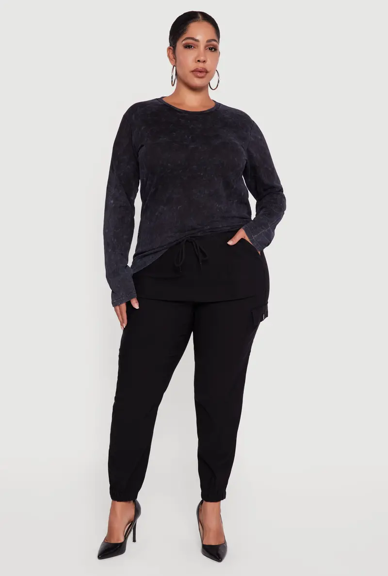 Plus Size Mineral-Wash Crew Neck Long Sleeve Shirt 1