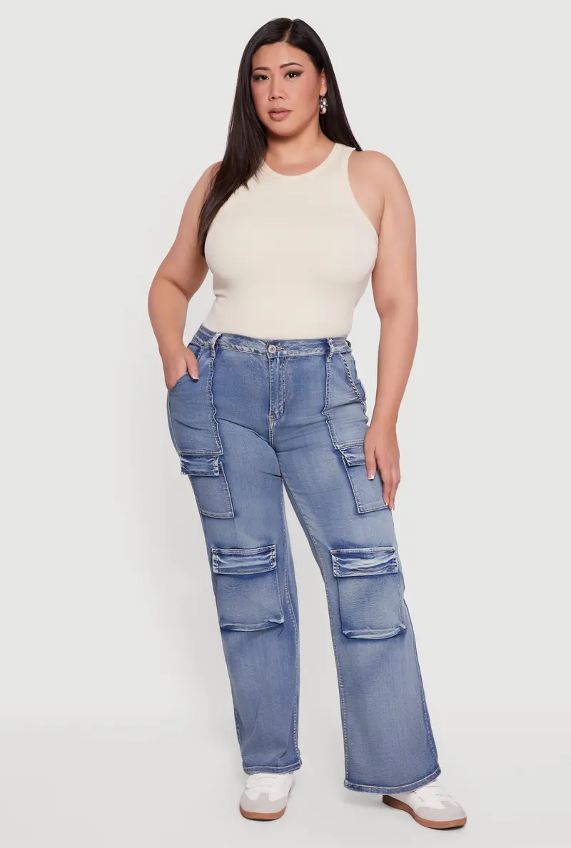 Plus Size Mineral Wash Straight Leg Cargo Jeans – Vip 1