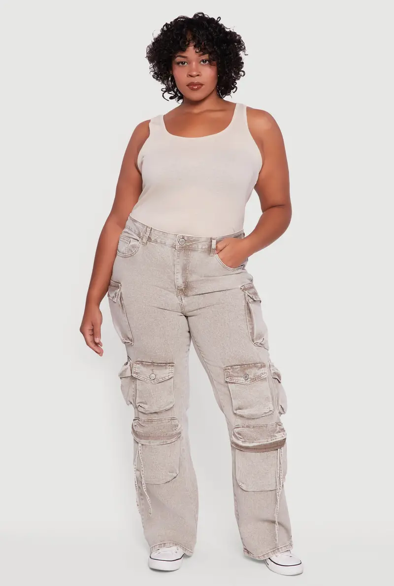 Plus Size Mineral Wash Straight Leg Utility Jeans For Women 1