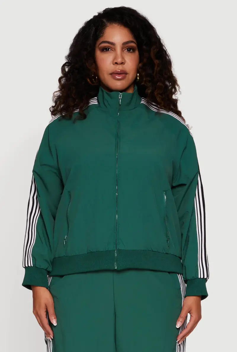 Plus Size Mock-Neck Side-Stripe Nylon Jacket 1