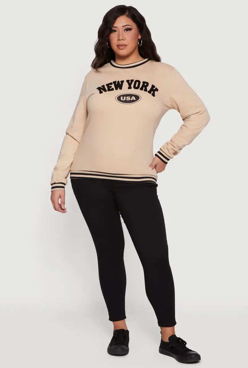 Plus Size New York–Inspired Varsity Stripe Sweatshirt 1