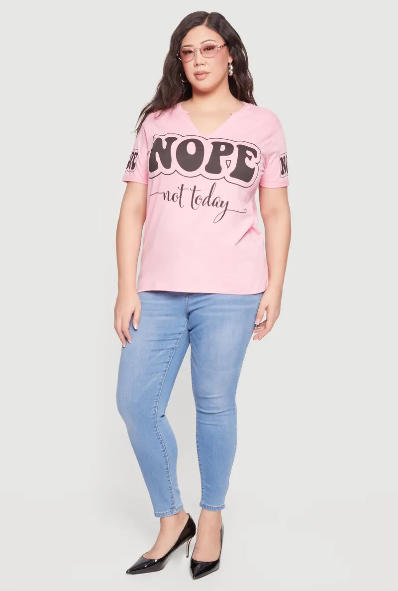 Plus Size 'Nope, Not Today' Graphic Notched Neck Tee 1