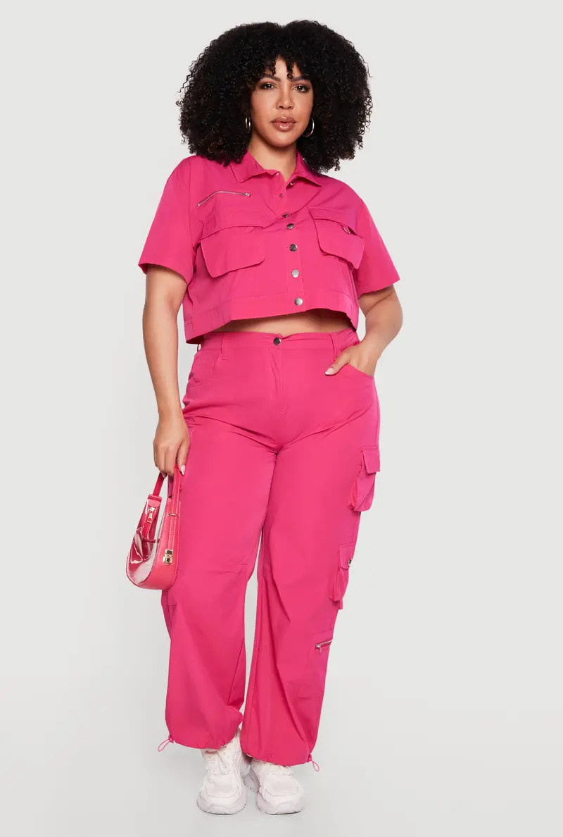 Plus Size Nylon Cargo Pants With Toggle Drawstring Hem 1