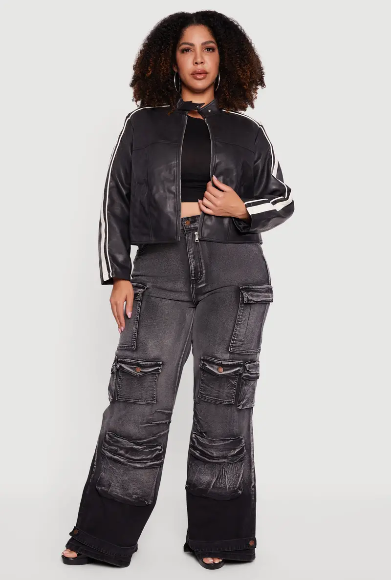 Plus Size Ombre Acid Wash Flare Cargo Jeans 1