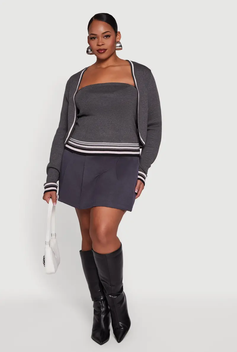 Plus Size Open-Front Cropped Cardigan With Matching Tube Top Set 1
