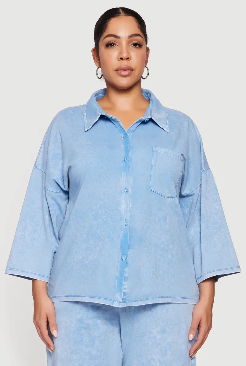Plus Size Oversized Acid Wash Button-Down Shirt 1