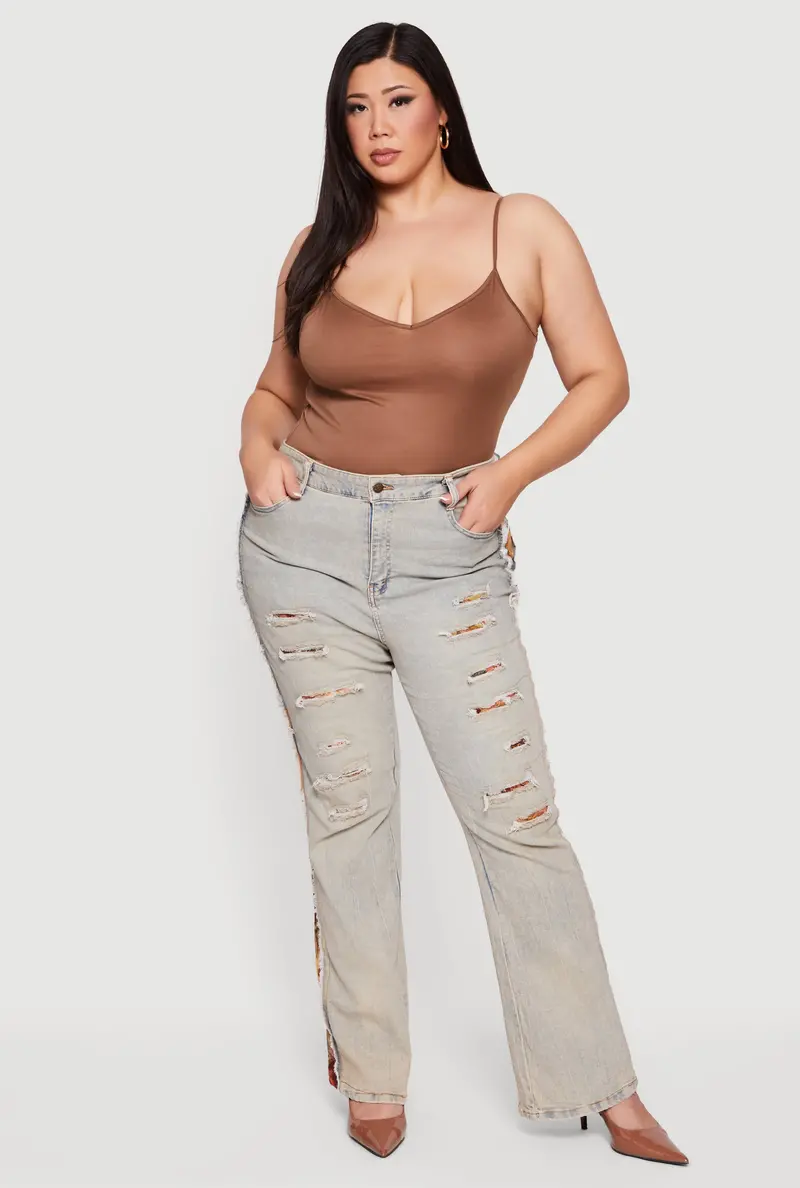 Plus Size Patchwork Acid Wash Jeans – High Waist Repair Style 1