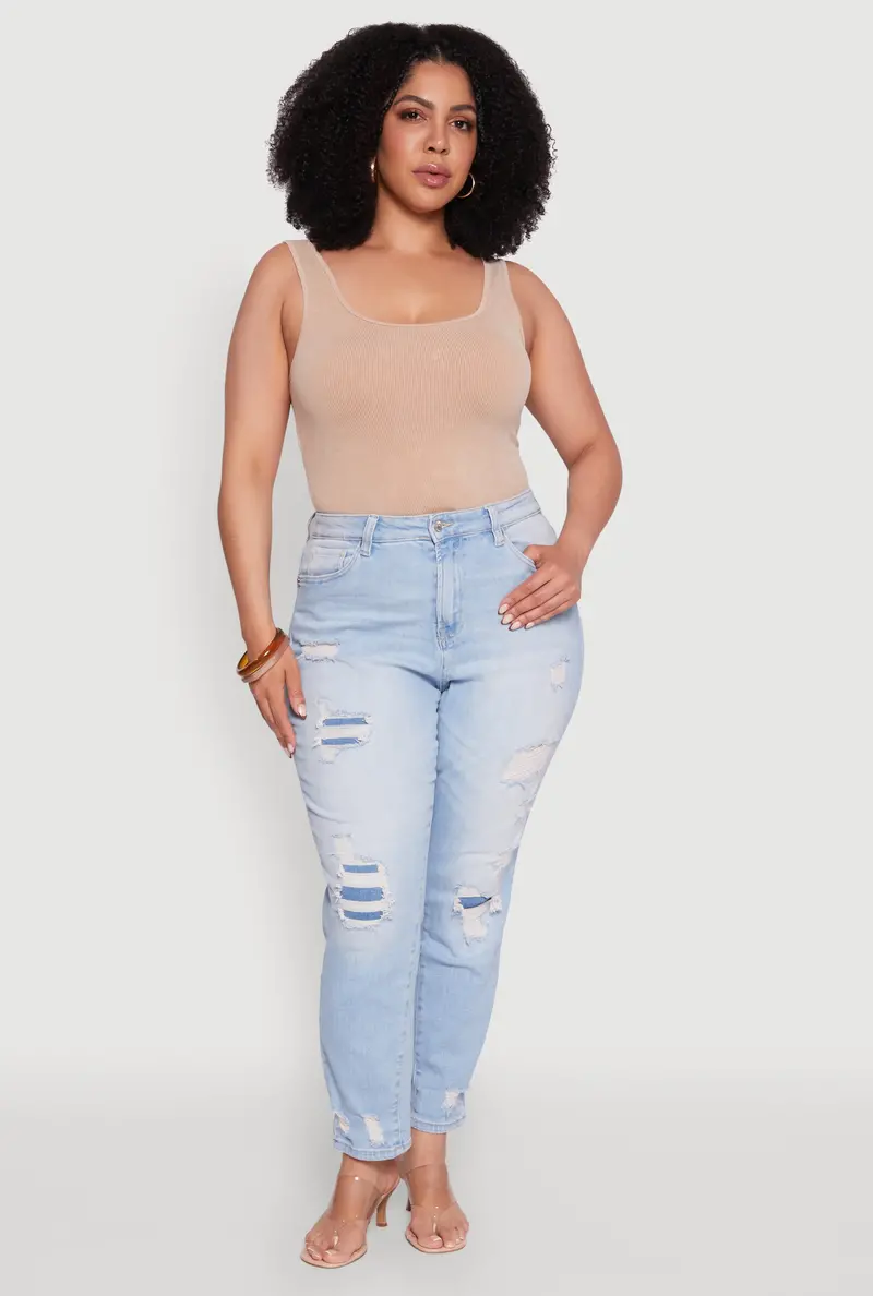 Plus Size Patchwork-Distressed Slim Straight Jeans 1