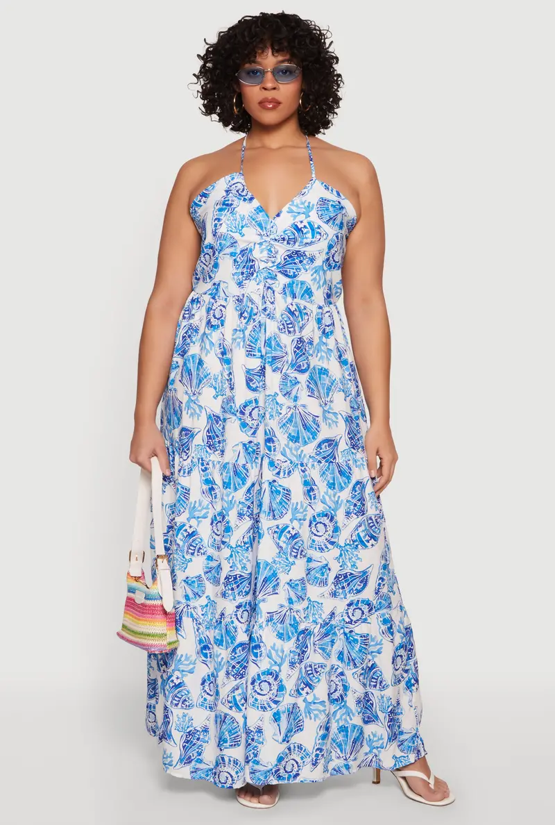 Plus Size Patterned Halter Maxi Dress – Tiered Silhouette 1