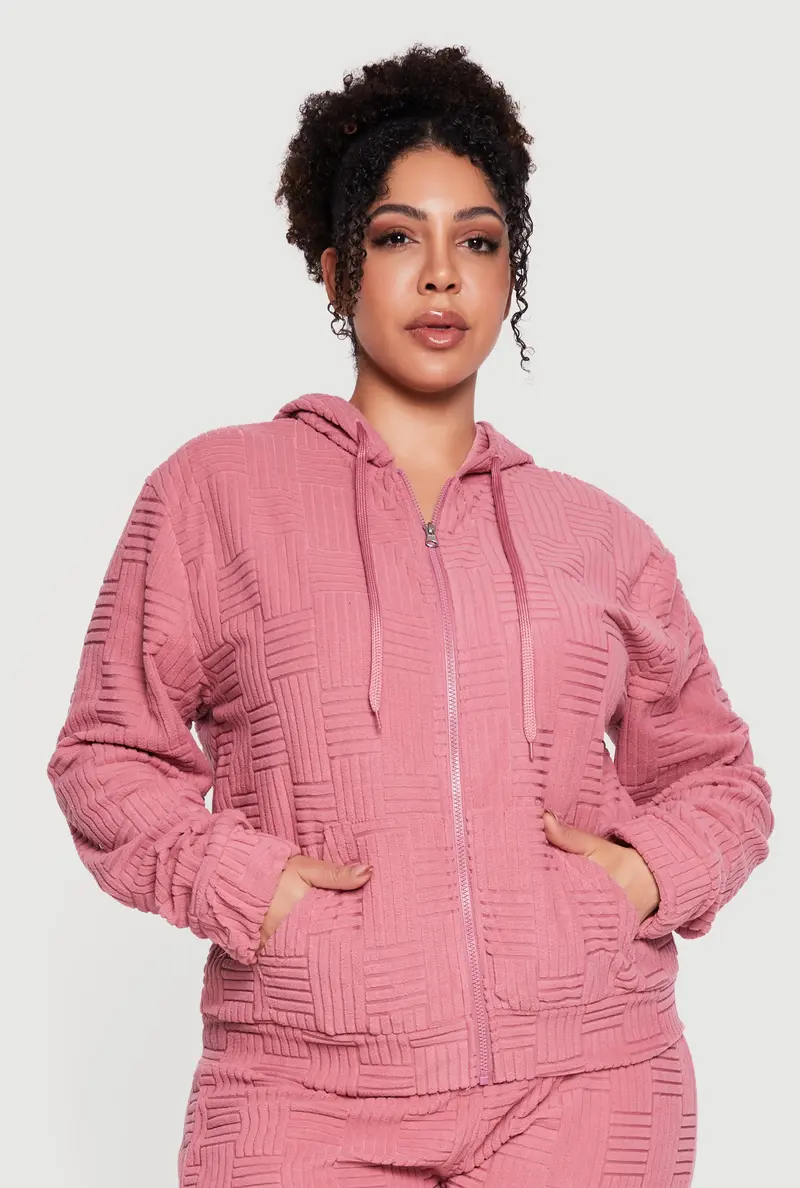 Plus Size Patterned Terry Cloth Full-Zip Hoodie 1