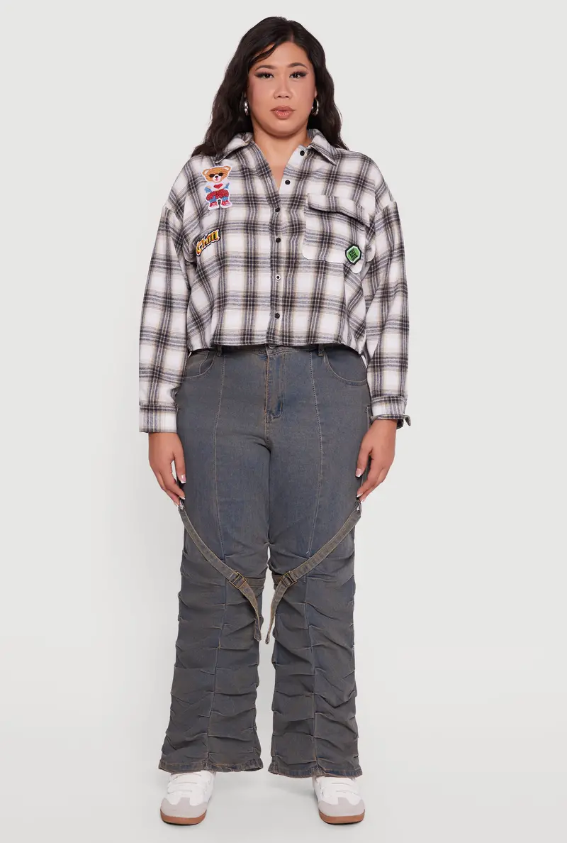 Plus Size Plaid Flannel Cropped Shirt With Patch Accents 1