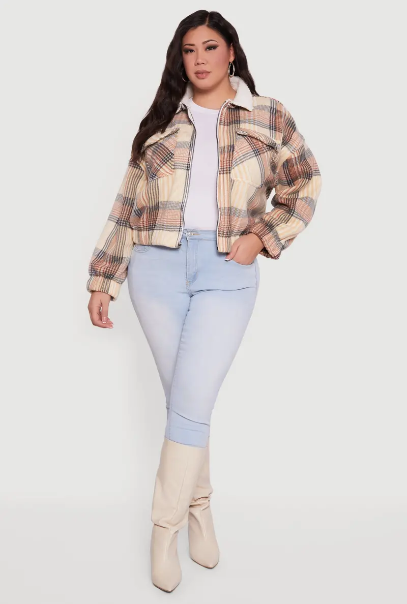 Plus Size Plaid Shacket With Faux Fur Collar And Zip Front 1