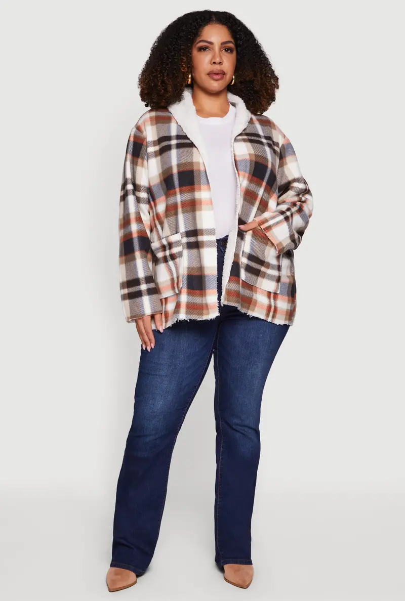 Plus Size Plaid Shacket With Shawl Collar And Sherpa Lining 1