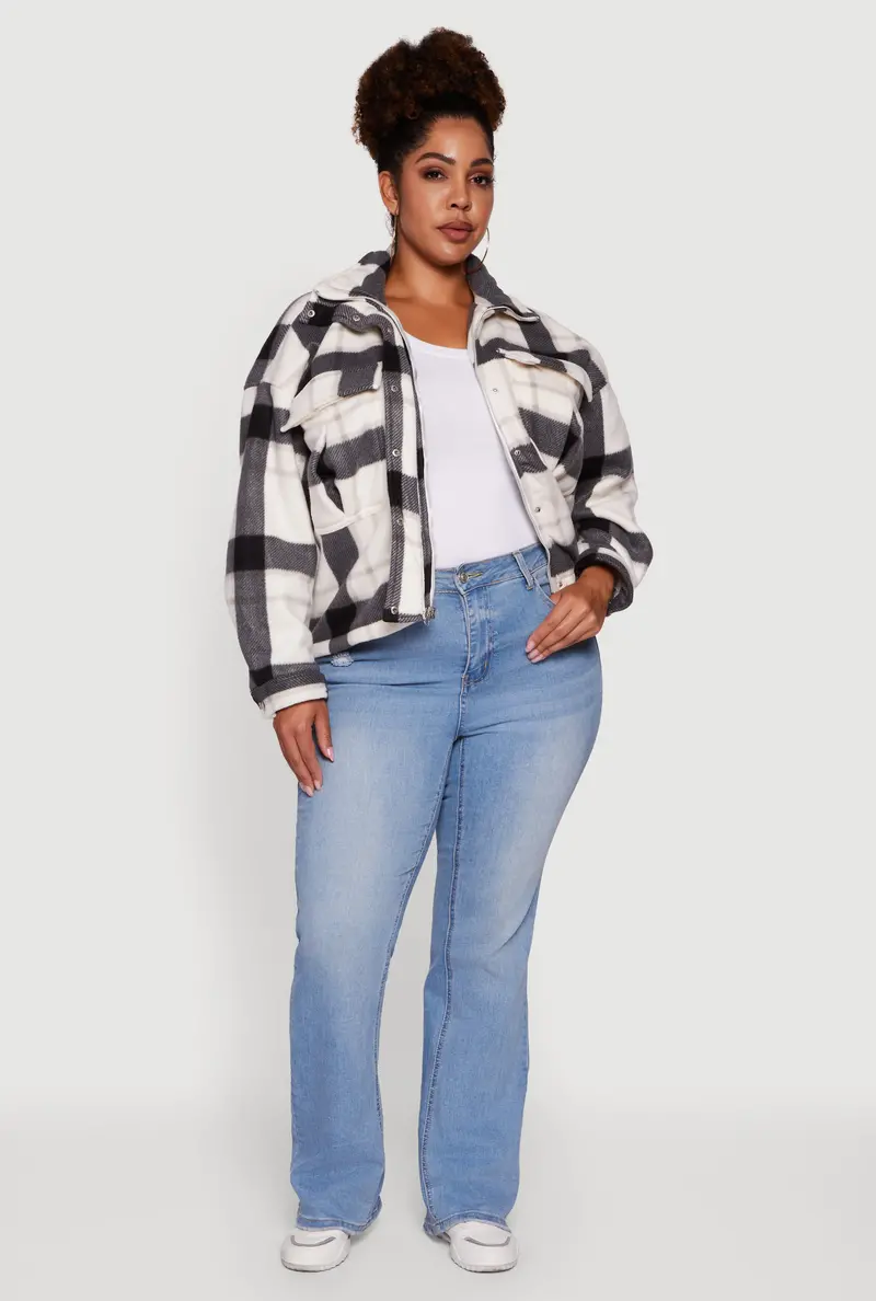 Plus Size Plaid Shacket With Snap Buttons And Sherpa Lining 1