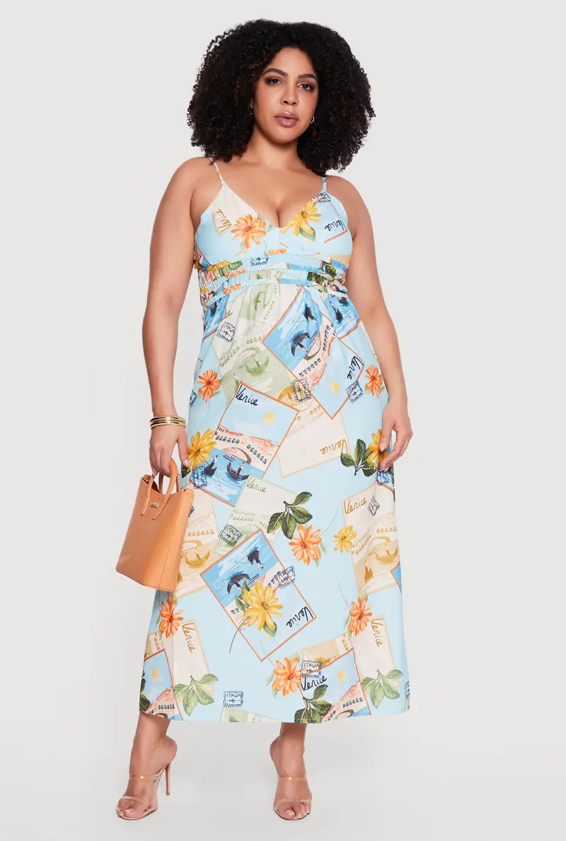 Plus Size Postcard-Print Sleeveless Cami Maxi Dress 1