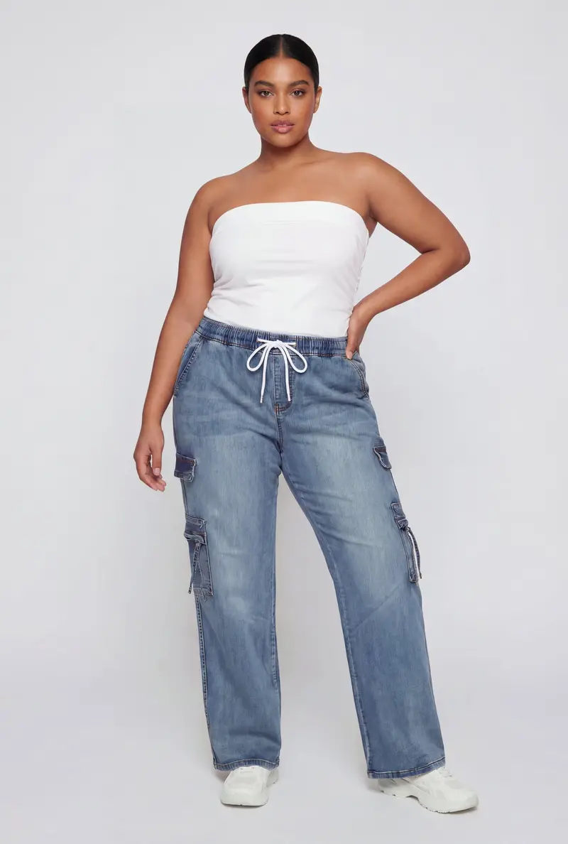 Plus Size Pull-On Wide-Leg Cargo Jeans – Vip Style 1