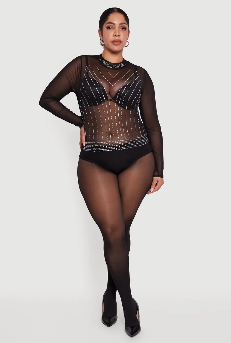 Plus Size Rhinestone-Adorned Long Sleeve Bodysuit 1