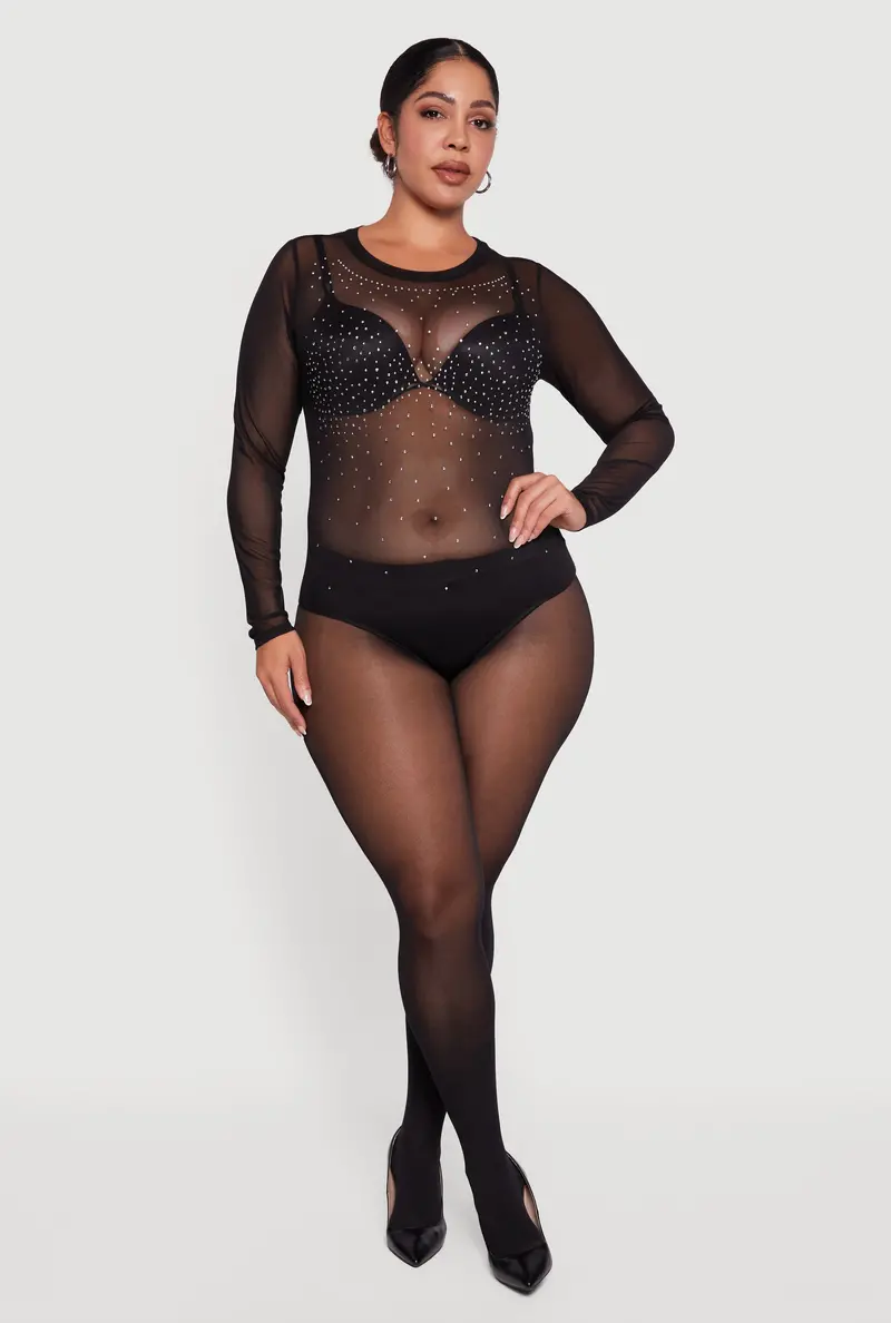 Plus Size Rhinestone-Detailed Scoop Neck Sheer Mesh Bodysuit 1