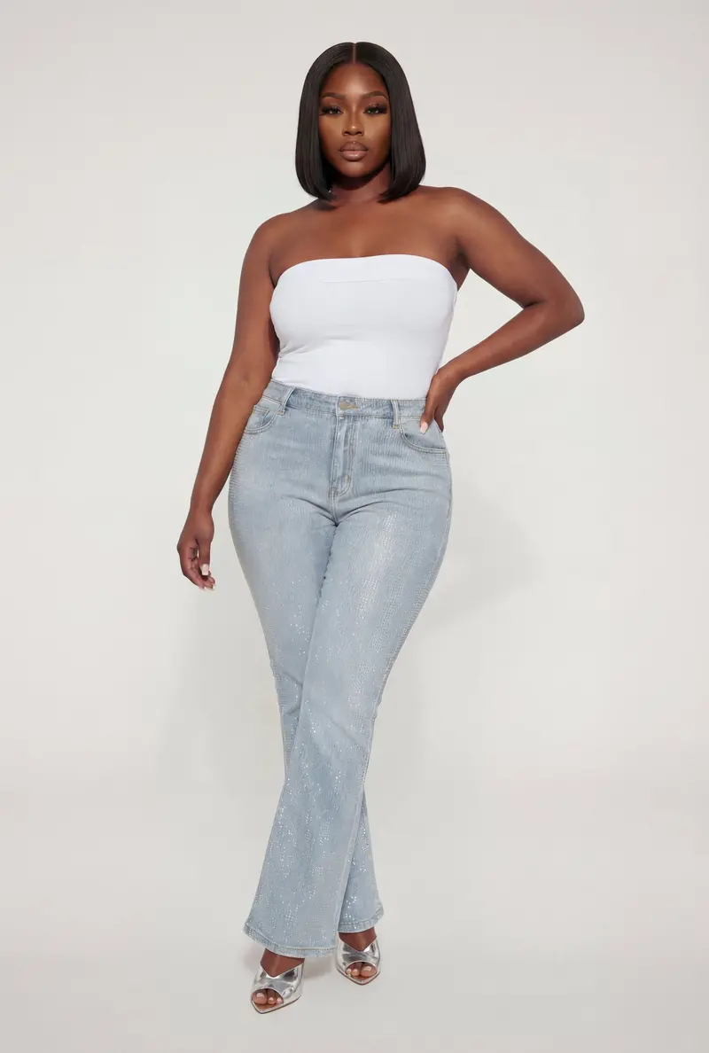 Plus Size Rhinestone-Embellished Flare Leg Jeans – High Waist 1