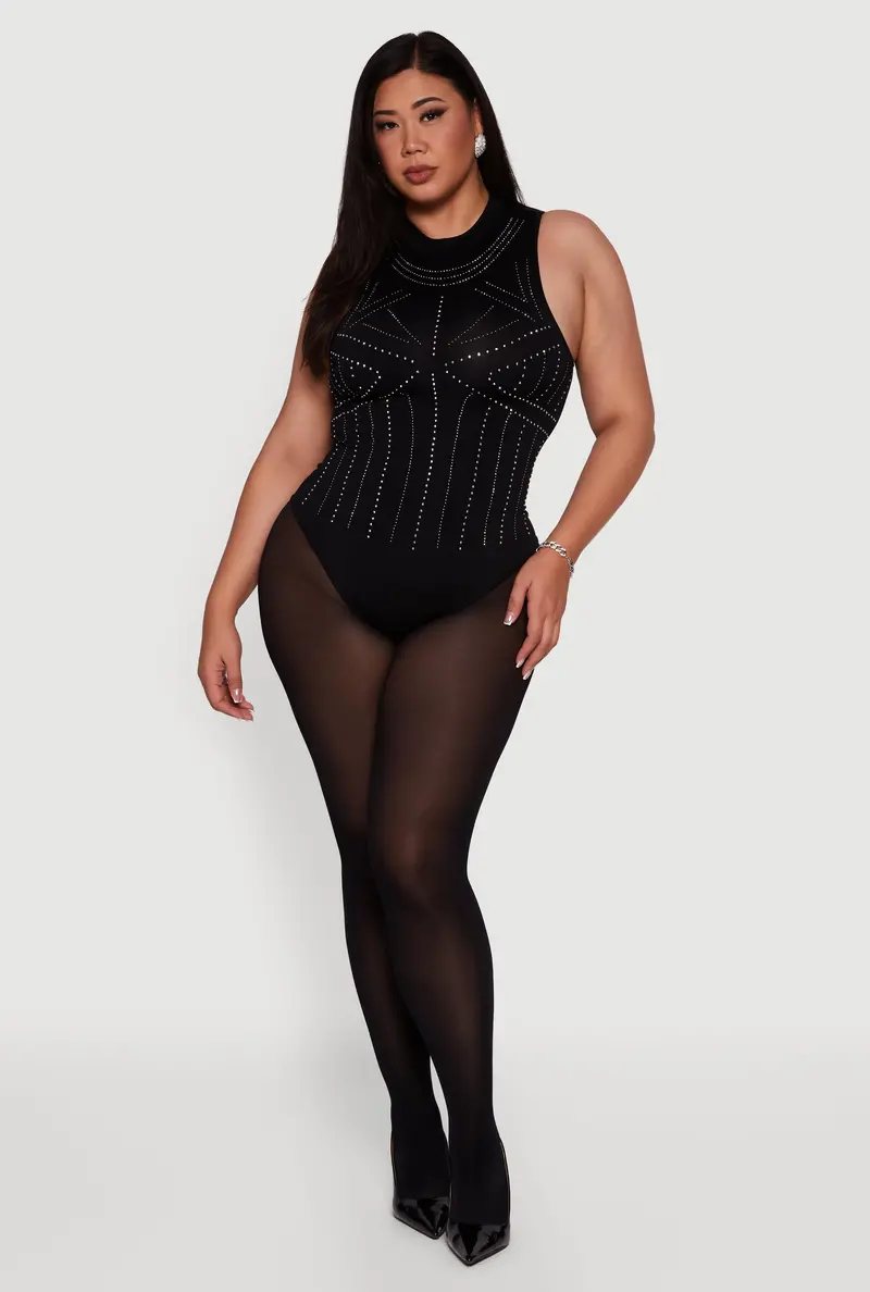 Plus Size Rhinestone-Embellished Seamless High-Neck Bodysuit 1