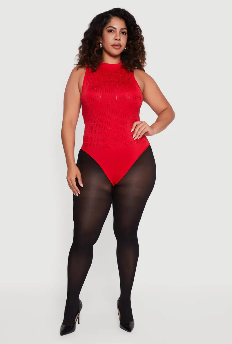 Plus Size Rhinestone-Embellished Sleeveless Mock Neck Bodysuit 1