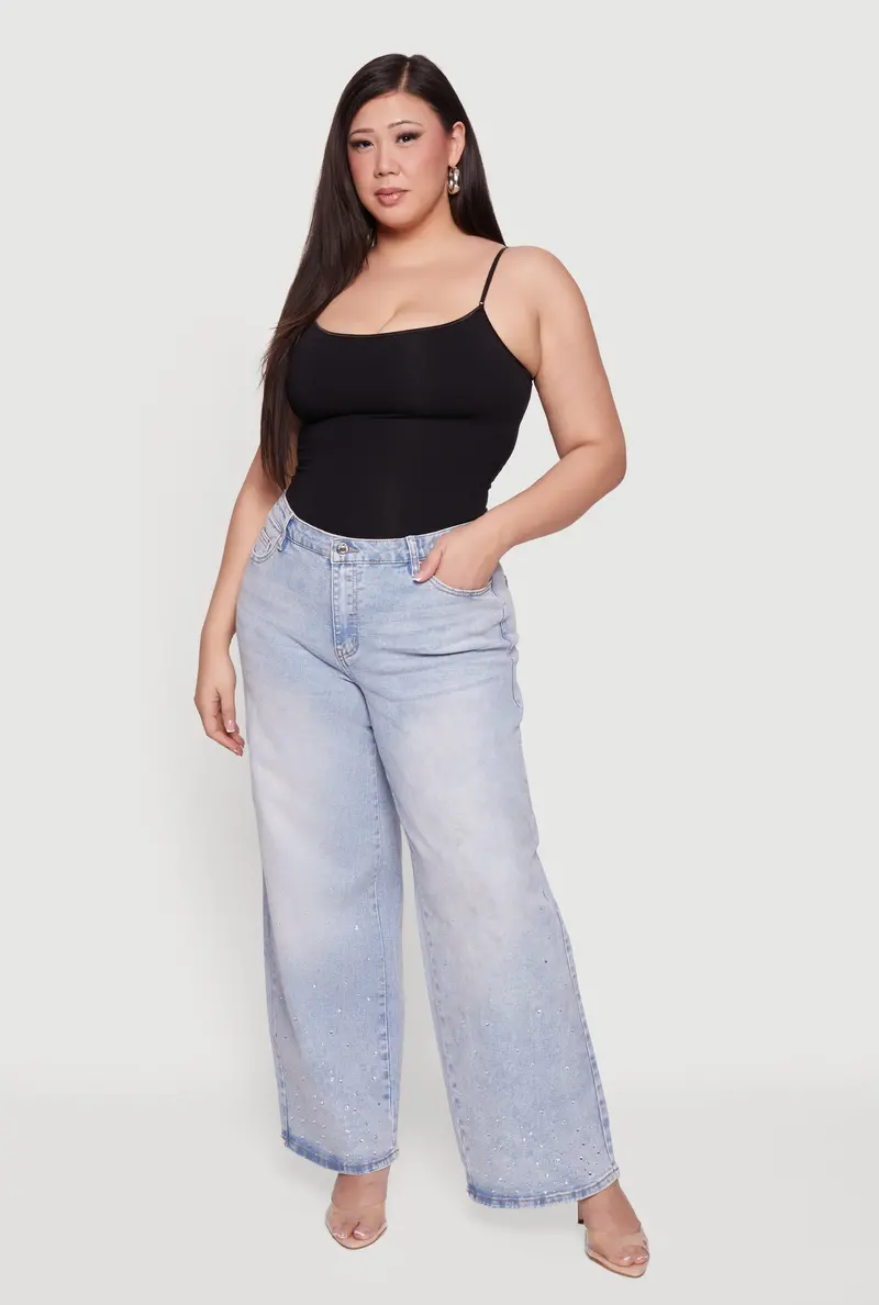 Plus Size Rhinestone-Embellished Wide Leg Jeans 1