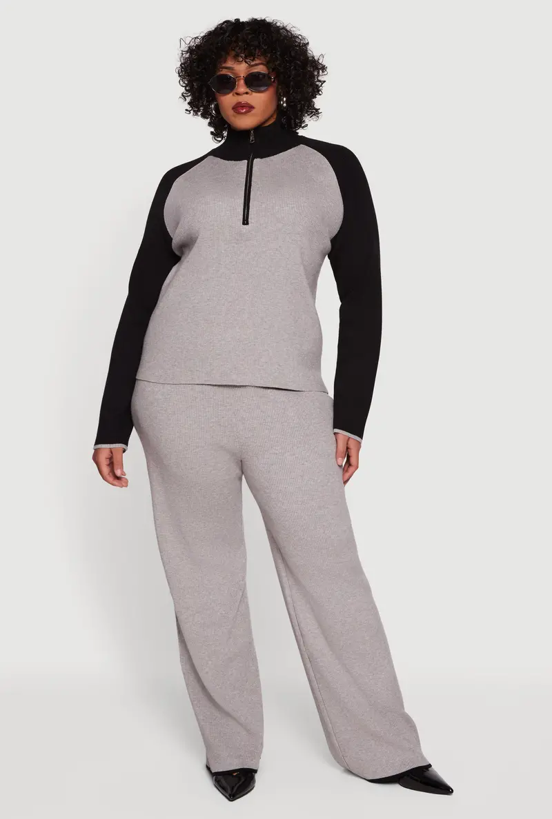 Plus Size Rib-Knit Pull-On Wide-Leg Pants With High Waist 1