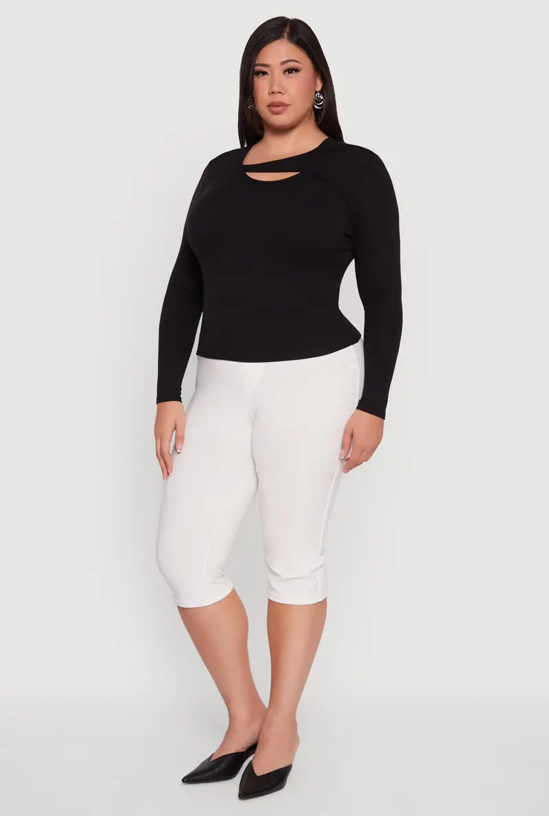 Plus Size Ribbed Knit Long-Sleeve Tee With Keyhole Back 1