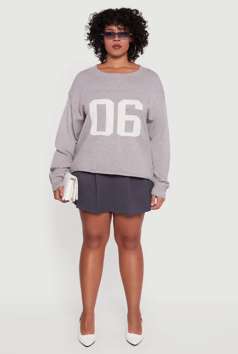 Plus Size Ribbed Knit Sweater With '06' Graphic Print 1