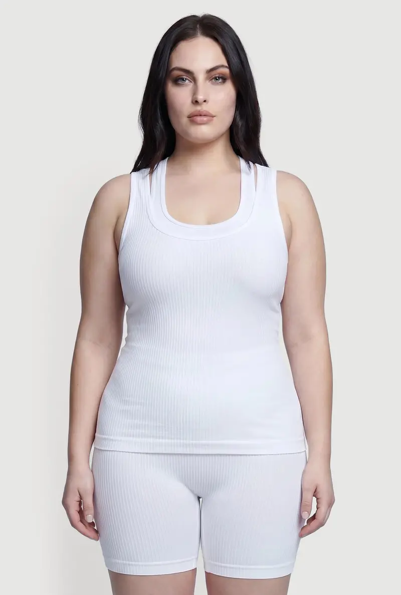Plus Size Ribbed Knit Tank Top With Scoop Neck And Racerback Design 1